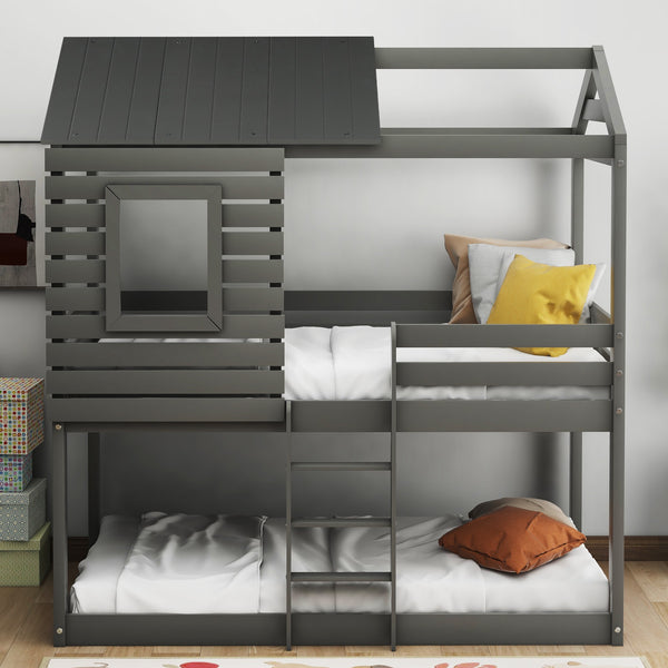 Gray Twin Over Twin Bunk Bed with Roof