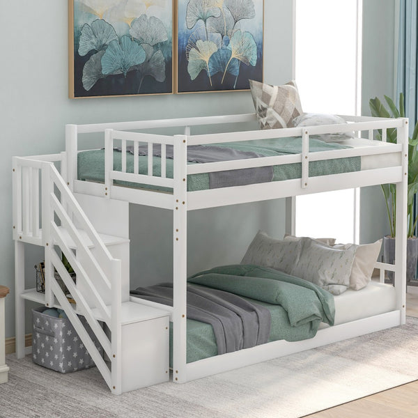 White Twin Over Twin Staircase Bunk Bed