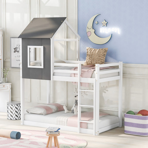 Gray and White Twin Over Twin Low Bunk Bed with House Roof and Window