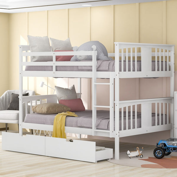 Modern White Full Over Full Bunk Bed with Two Drawers