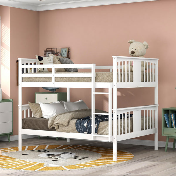 Full over Full Bunk Bed with  Ladder for Bedroom Guest Room Furniture-White