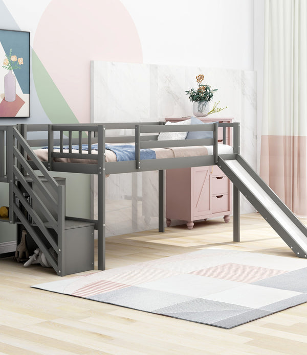 Gray Twin Size Low Loft Bed With Slide