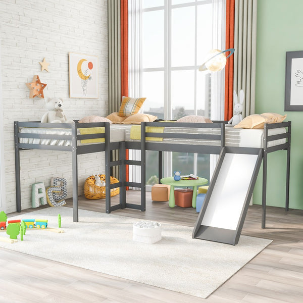 Gray L Shaped Loft Bed with Slide