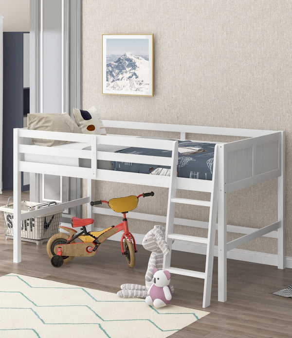 White Twin Size Low Loft Bed With Ladder