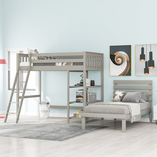 Gray Double Twin Size Ladder Loft Bed With Headboard