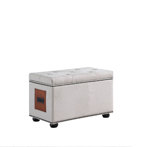 Natural Tufted Storage Ottoman with Charging Station