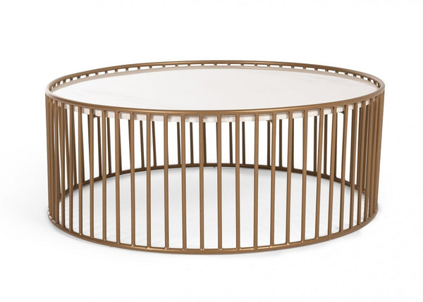 Modern Round White and Gold Faux Marble Coffee Table