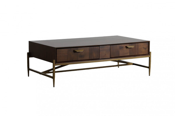 Modern Dark Mango Acacia and Brass Coffee Table