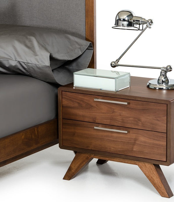 Modern Walnut Brown Nightstand with Two Drawers