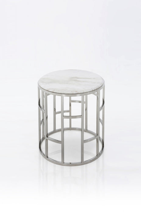 Stylish Silver And White Marble Round Geometric End or Side Table