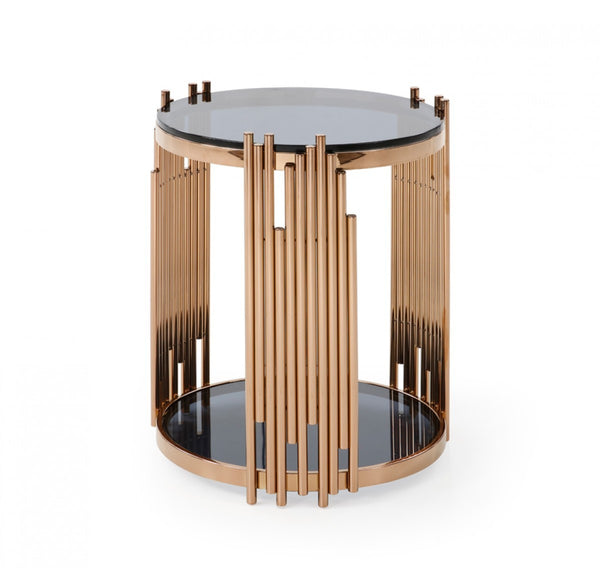 Stylish Round Rose Gold And Smoked Glass End Table