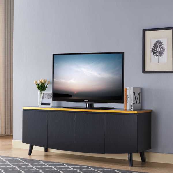 Black TV Stand with Gold Trim and Four Door Panels