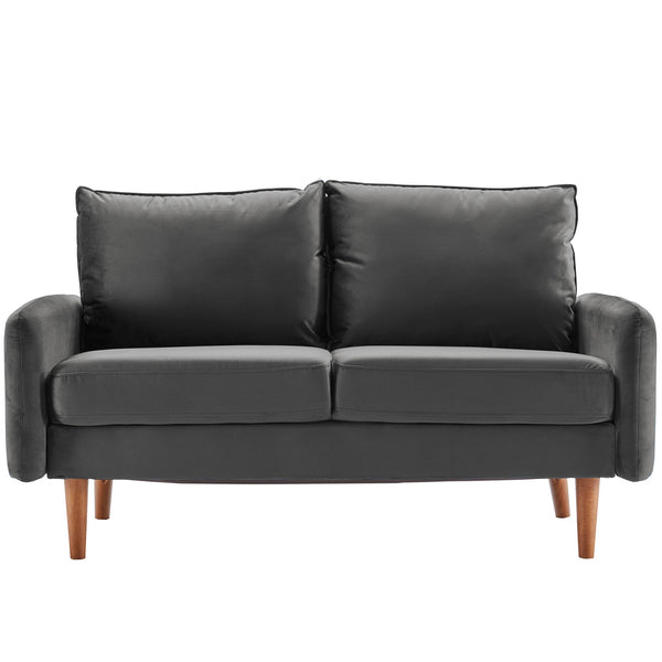 Trout Gray Velvet Modern Loveseat with Side Pockets