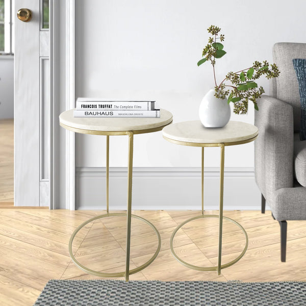 Set of Two White Marble and Gold Geo Circle Nesting End Tables